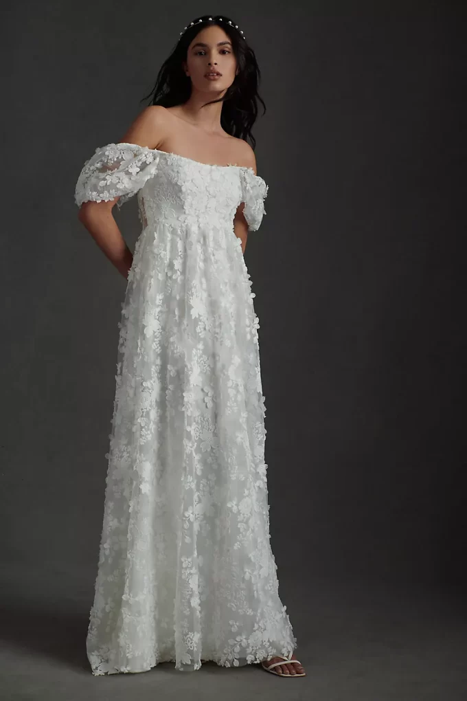 wedding dress that has off-the-shoulder puff sleeves