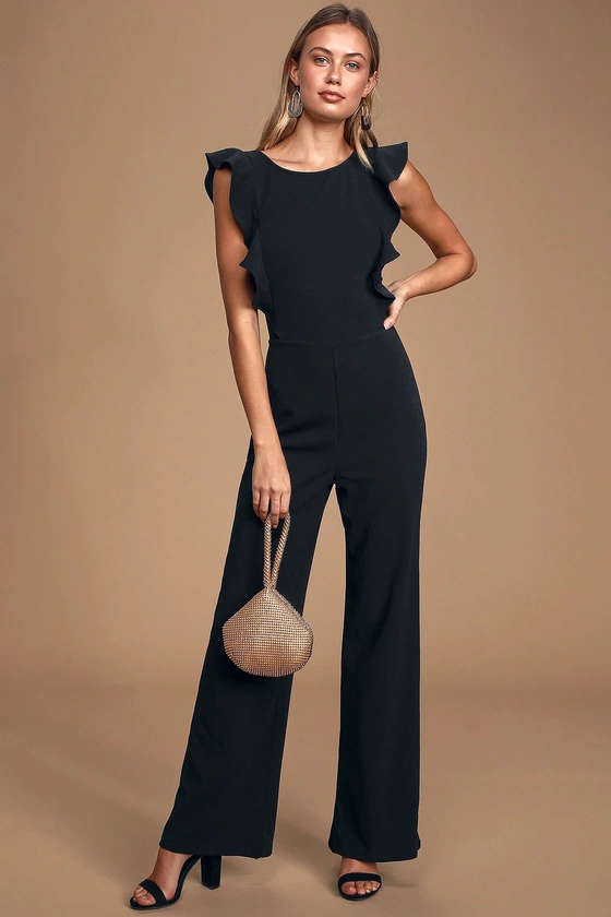 black ruffle jumpsuit to wear as a wedding guest outfit