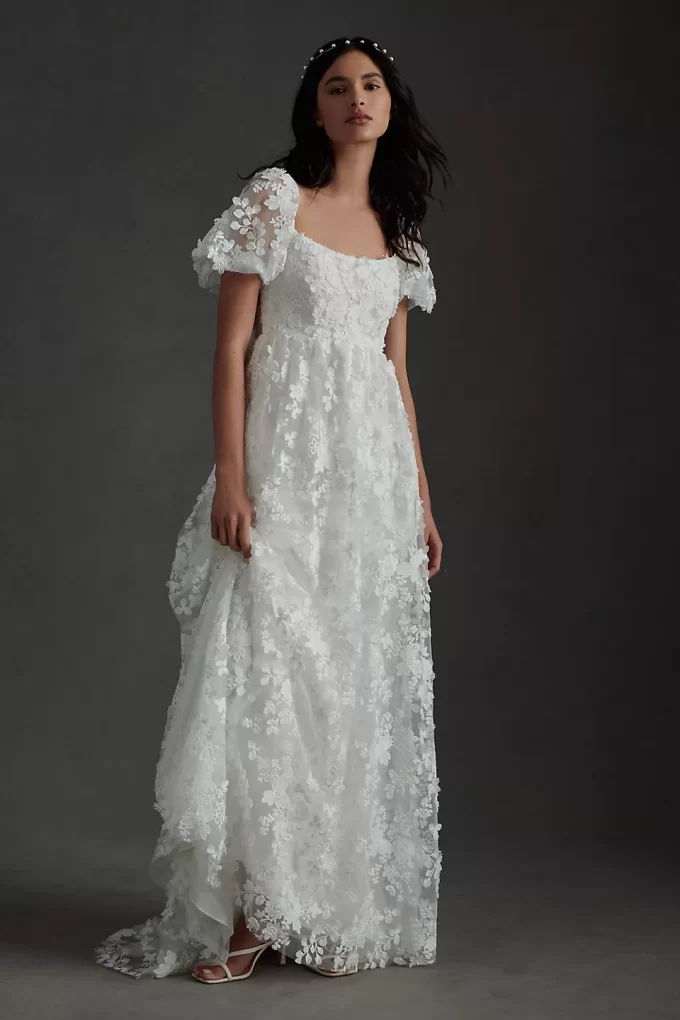 sheer puffy sleeve dress with floral appliques