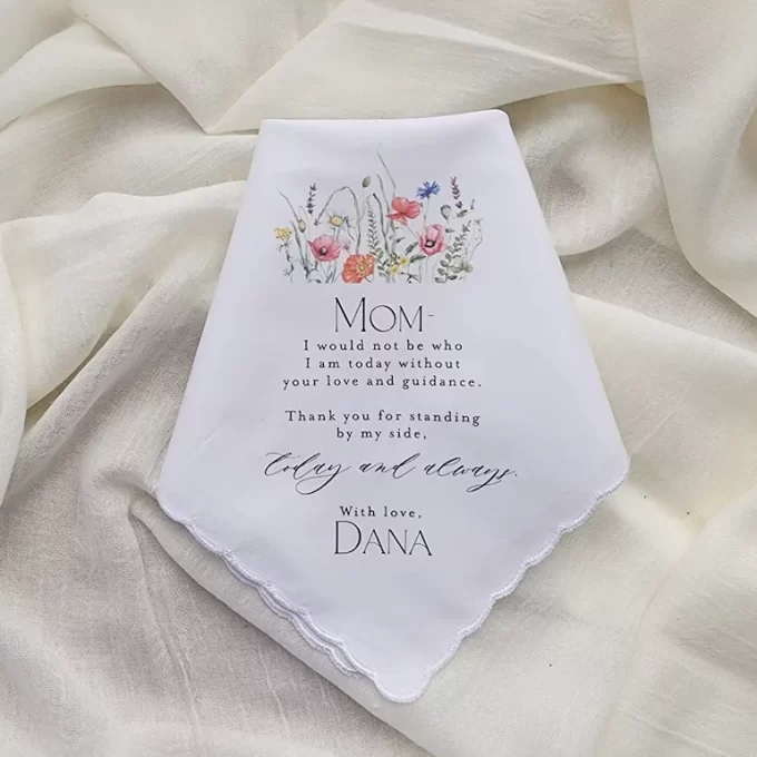 personalized handkerchief for the mother of the bride with a custom message from the bride