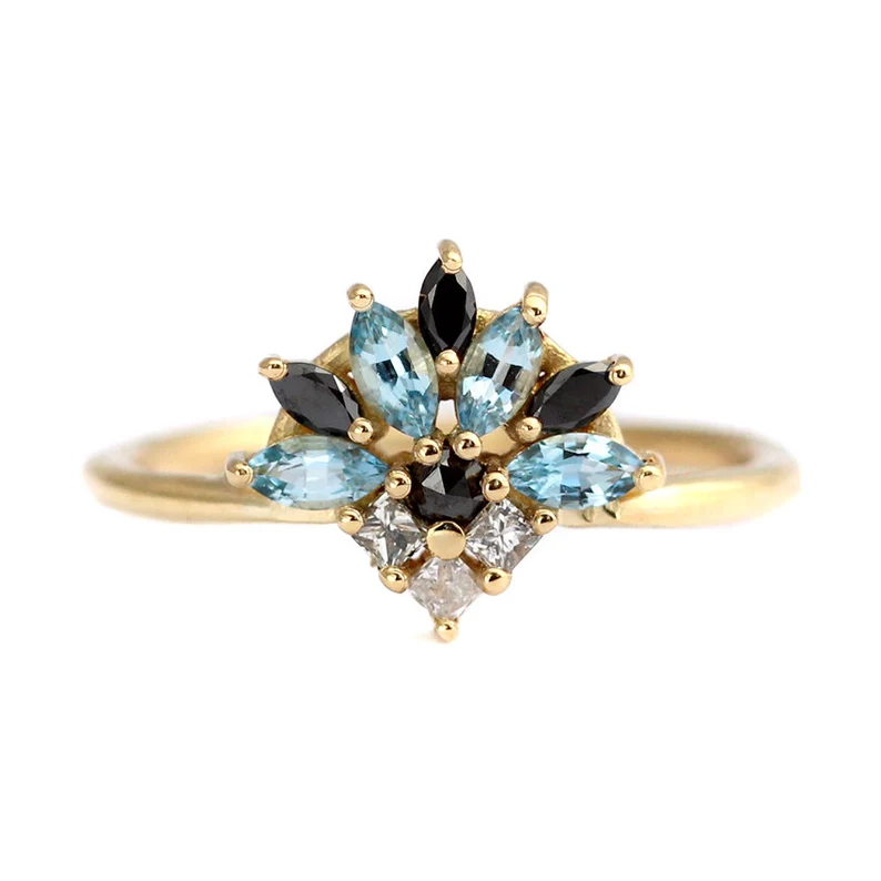aquamarine and black diamond cluster engagement ring