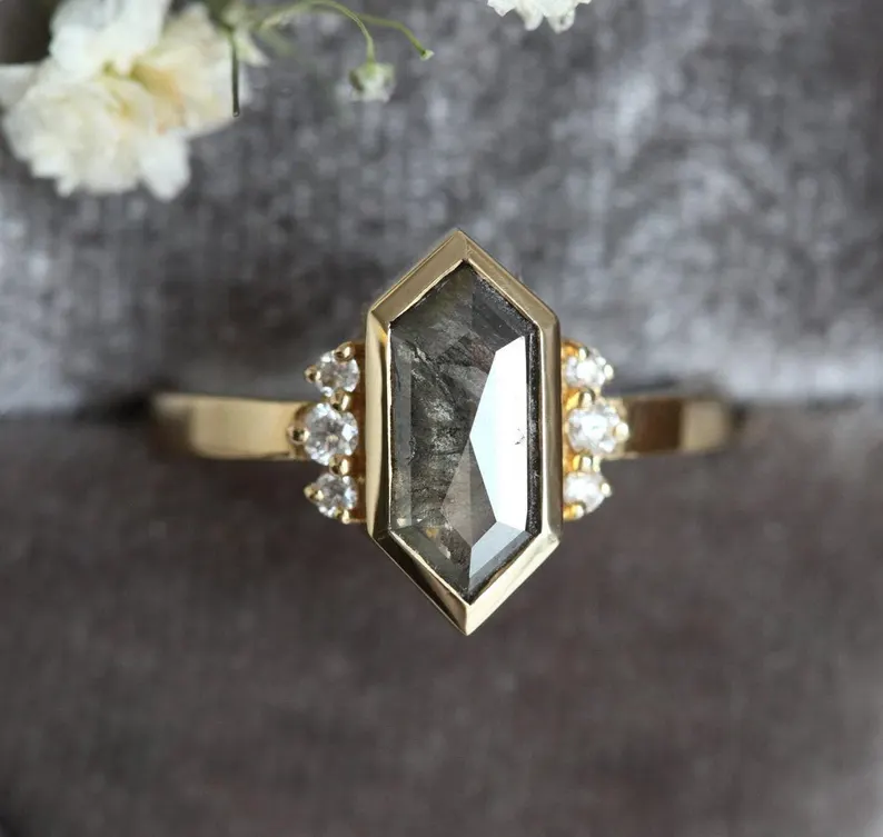 hexagon grey diamond engagement ring