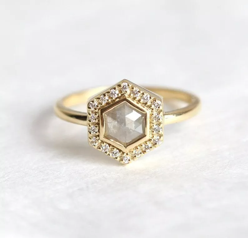 hexagon salt and pepper diamond engagement ring