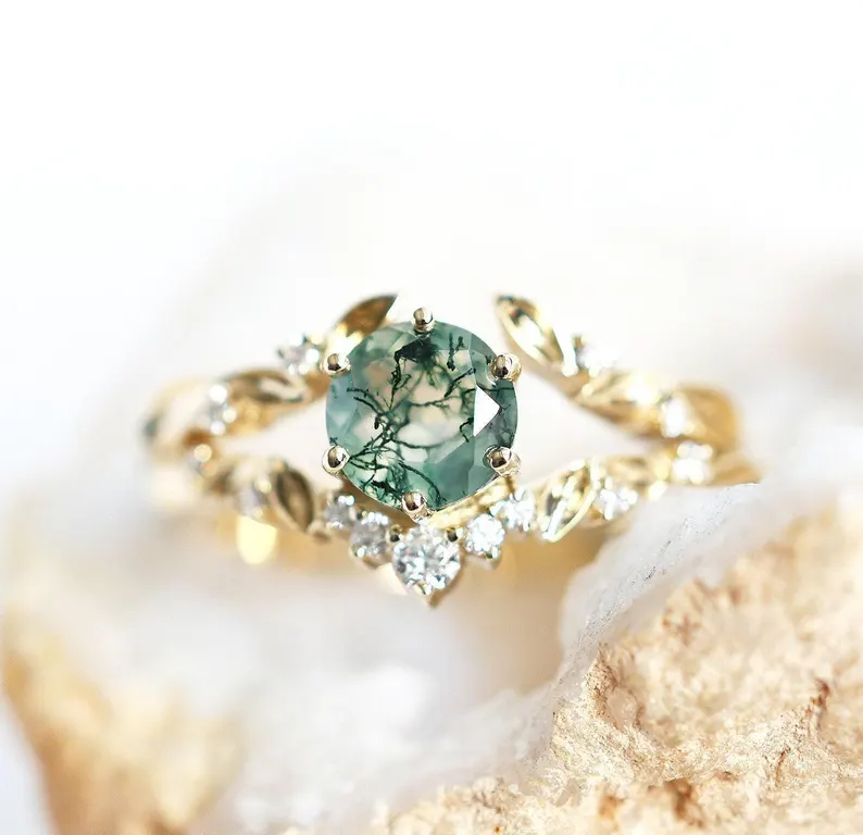 leaf moss agate engagement ring