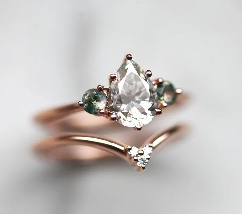 moissanite and moss agate engagement ring