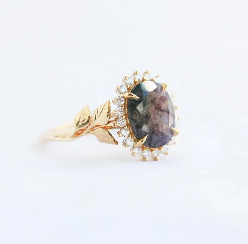 moss agate and diamond engagement ring