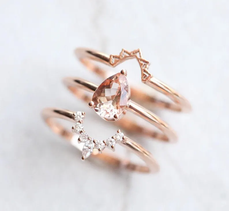 pear shaped peach morganite engagement ring set