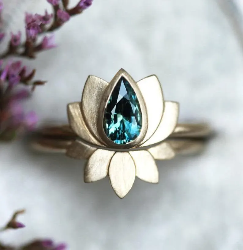 pear shaped lotus sapphire engagement ring