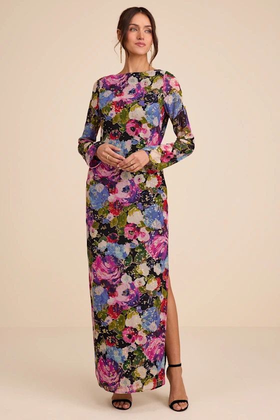 floral maxi print wedding guest dress with long sleeves