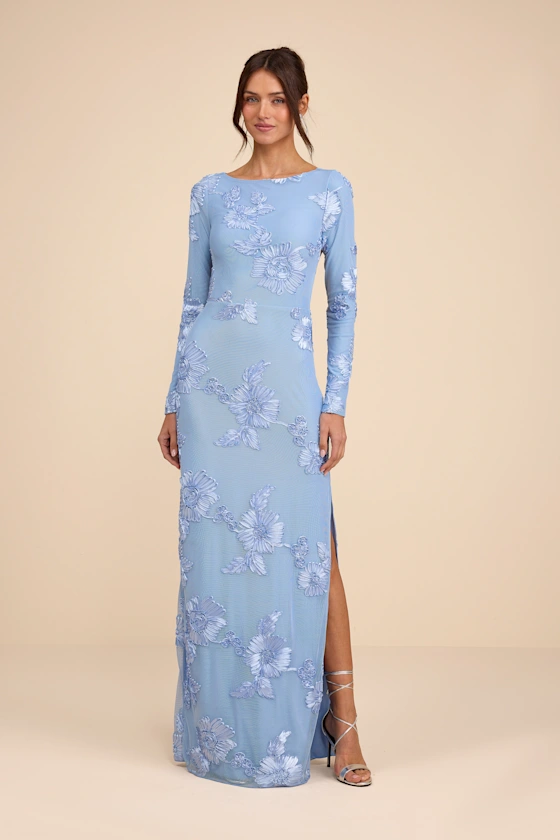blue floral wedding guest dress with sleeves