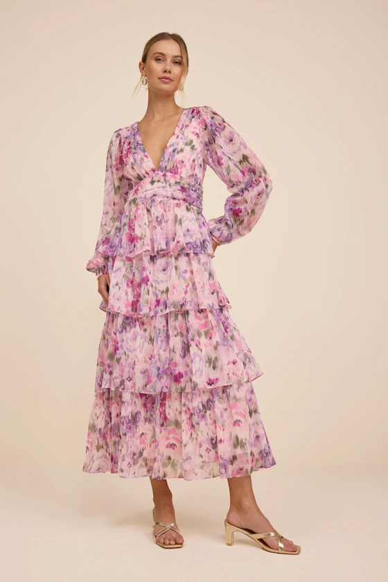 blush floral wedding guest dress with sleeves for spring weddings