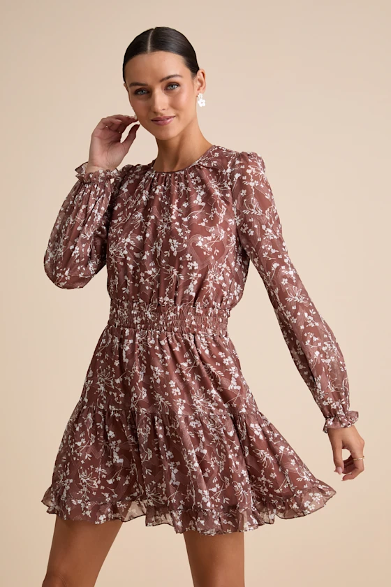 cute brown mini wedding guest dress with long sleeves
