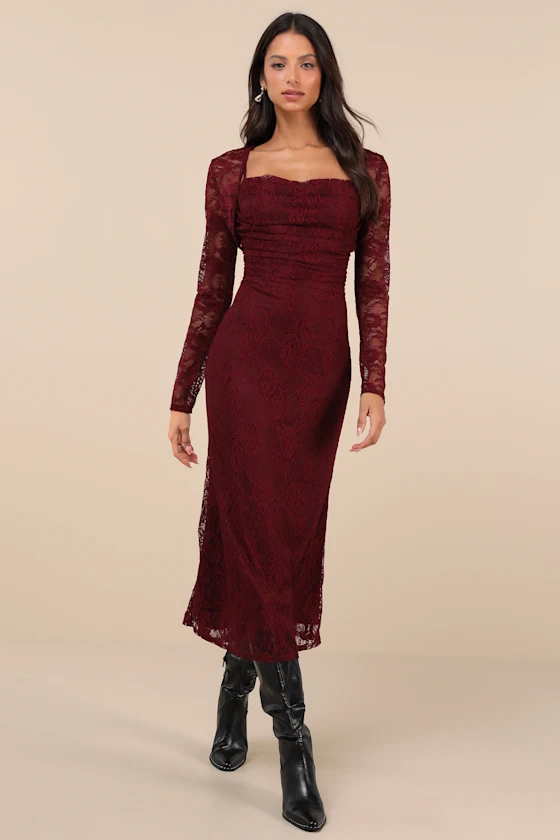 Lace long sleeve wedding guest dress in deep burgundy