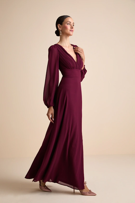 burgundy pleated long sleeve wedding guest dress for fall