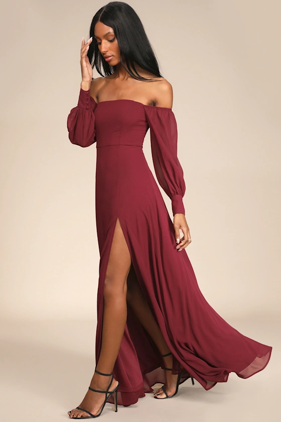 winter wedding guest dress with long sleeves and off-the-shoulder neckline