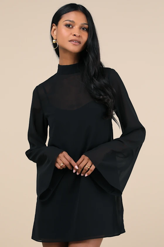 Winter wedding guest dress long sleeves and high neckline