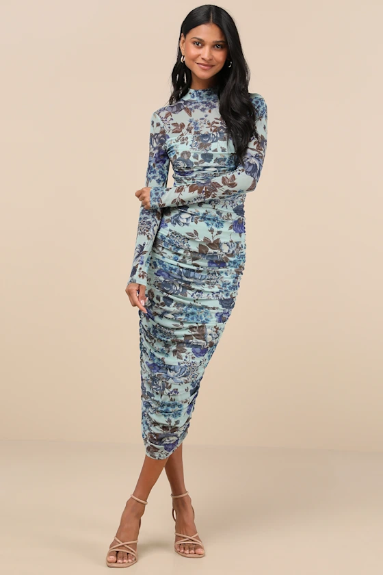 blue floral wedding guest dress with long sleeves fall