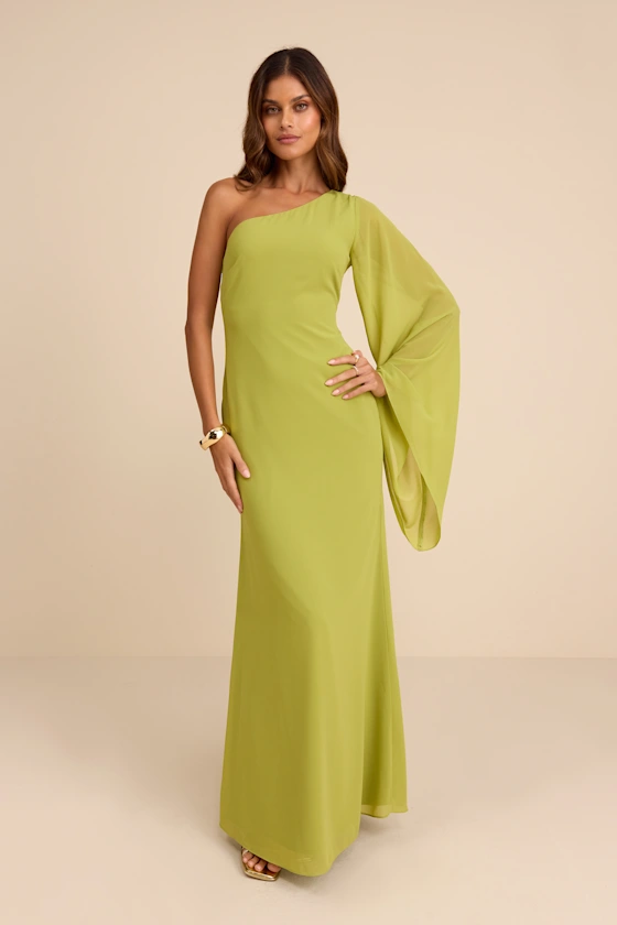 lime green wedding guest dress with one bell sleeve for spring and summer