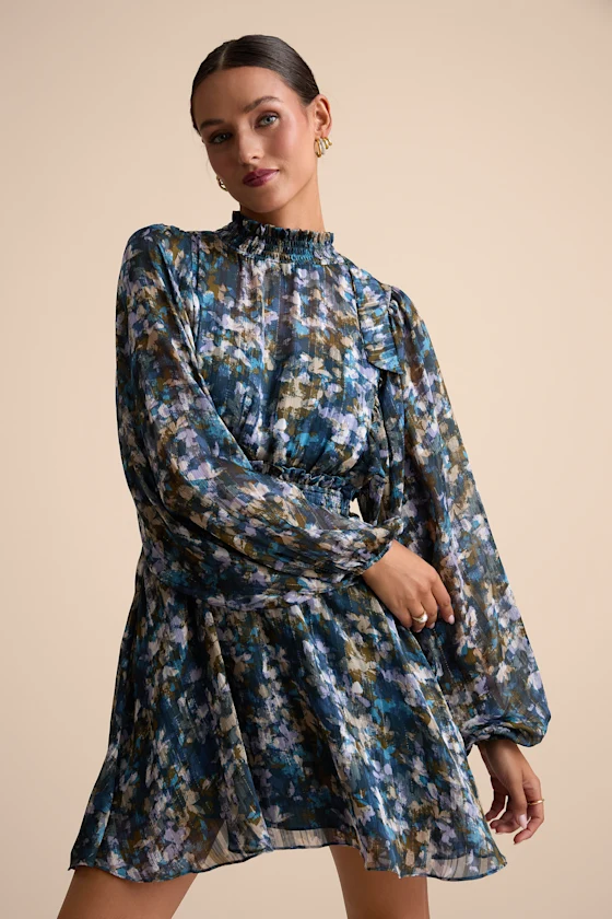 Floral print long sleeve wedding guest dress for fall weddings