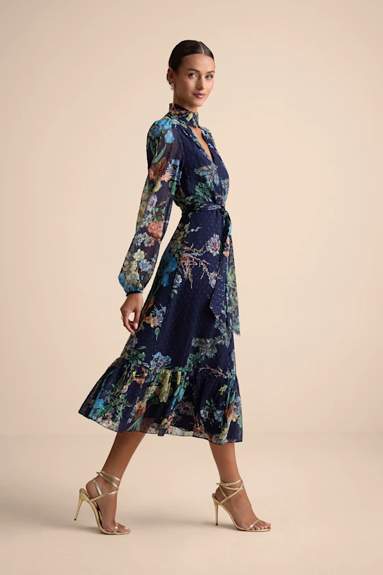 Formal long sleeve wedding guest dress with floral print