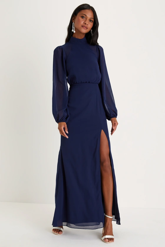 navy sheer sleeve wedding guest dress for fall wedding