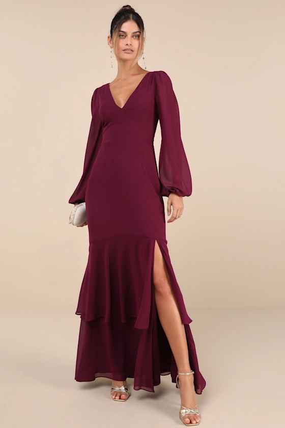 plum long sleeve maxi dress with sleeves for wedding guest attire in winter