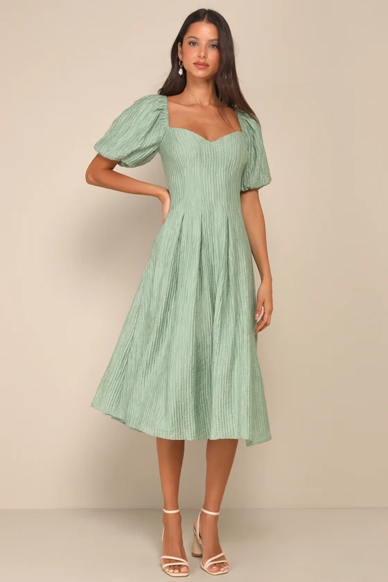 sage wedding guest dress with puff sleeves to elbow length
