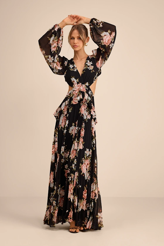 floral maxi wedding guest dress with long sleeves