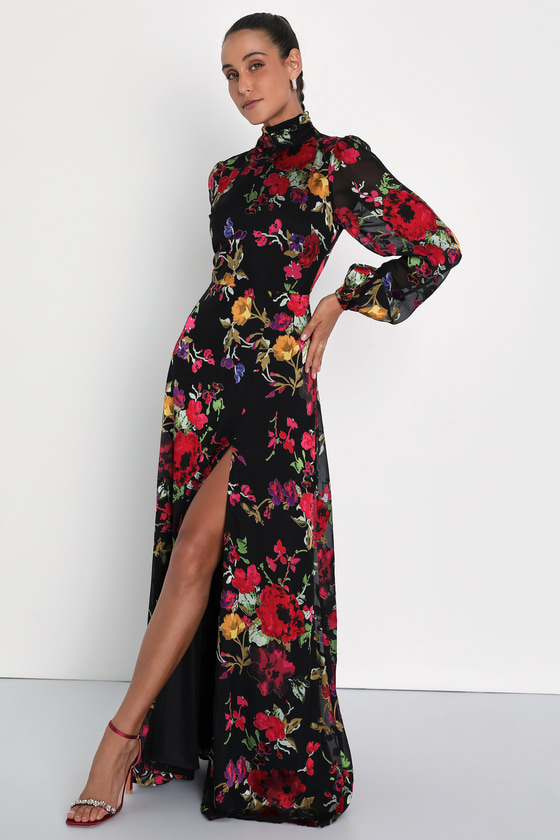 velvet wedding guest dress with long sleeves and floral pattern