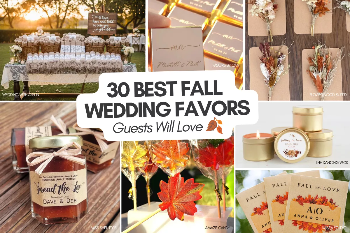 fall wedding favors including maple syrup, caramel apples, candles, and seasonal treats