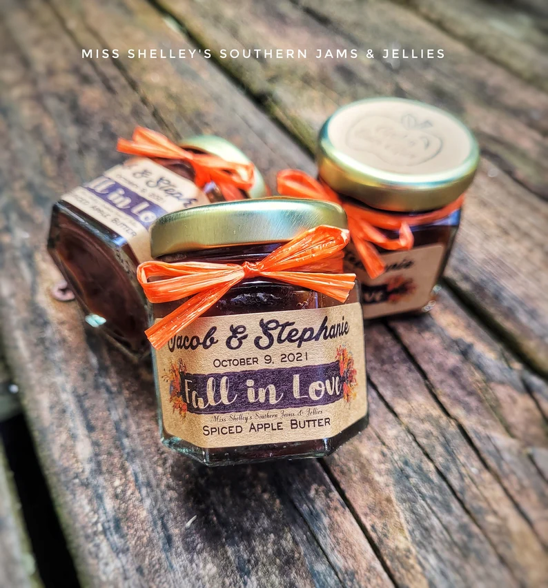 mini jam jar favors for a fall wedding