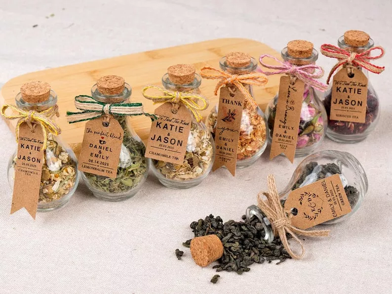 personalized loose tea leaves in jars for fall wedding favors