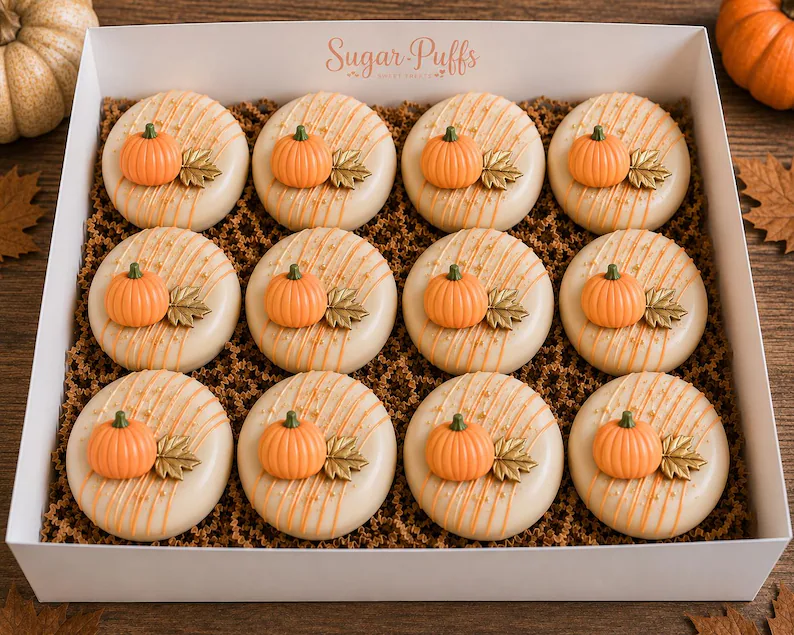 mini donut favors with pumpkins for fall wedding