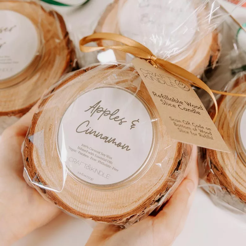 wood slice candle favors