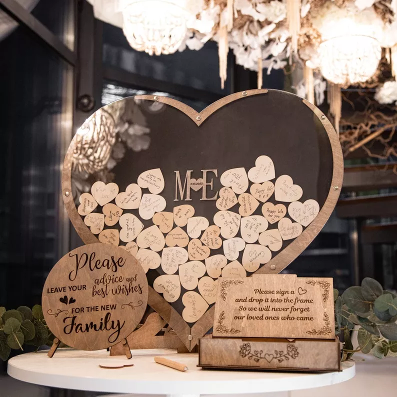 wooden hearts drop box wedding guest book alternative - bride and groom guest book table idea