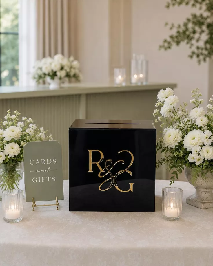 black wedding card box with elegant gold lettering