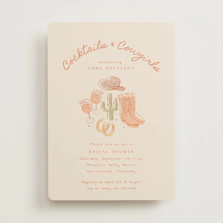 Cute western themed bridal shower invitations with cocktails and cowgirls as theme