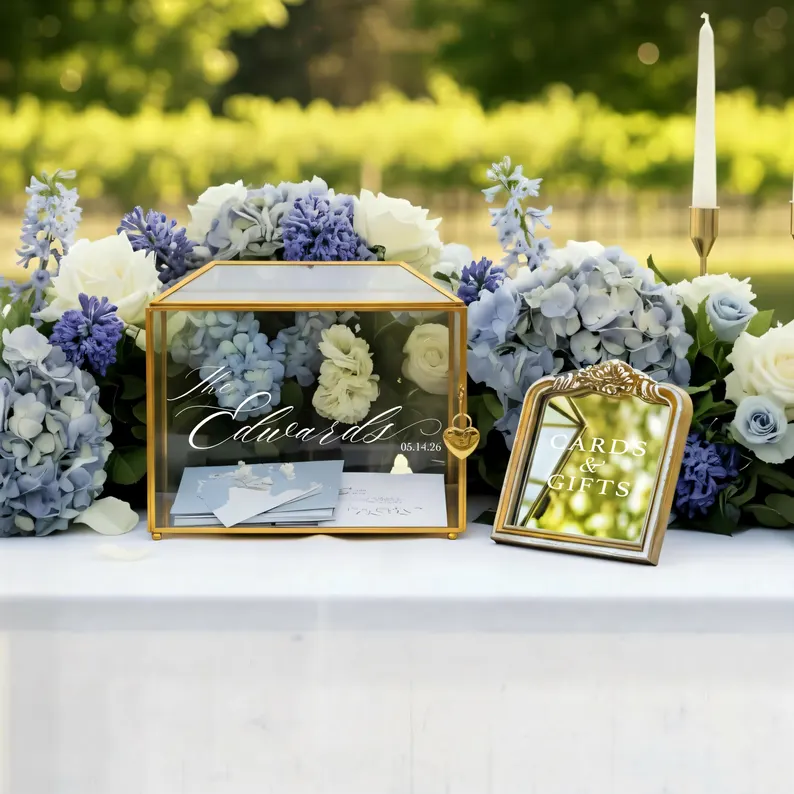 elegant glass wedding card box with gold details