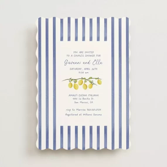 Bridal shower invitation with blue stripes and yellow lemons