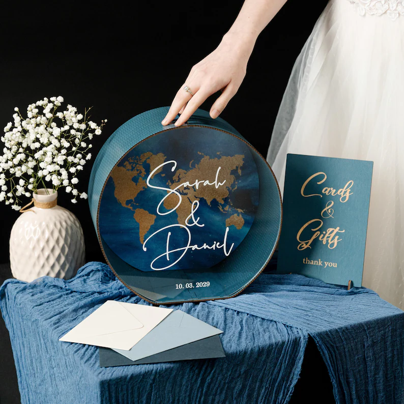 travel themed wedding card box with vintage details