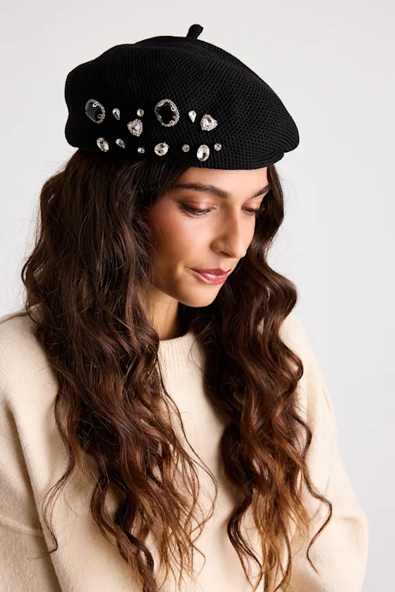 Black beret hat for wedding guests to wear in the winter