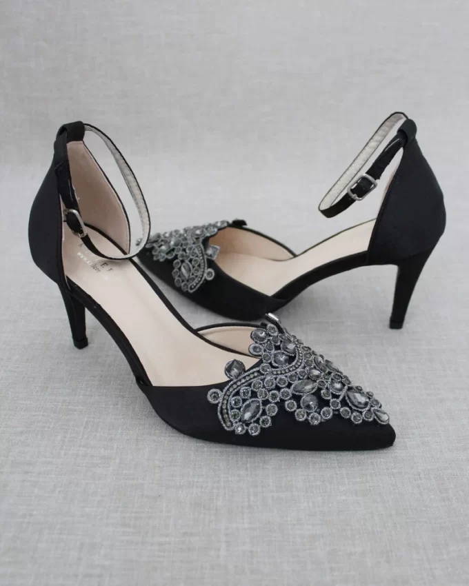 black pointy toe heels with lace embroidery
