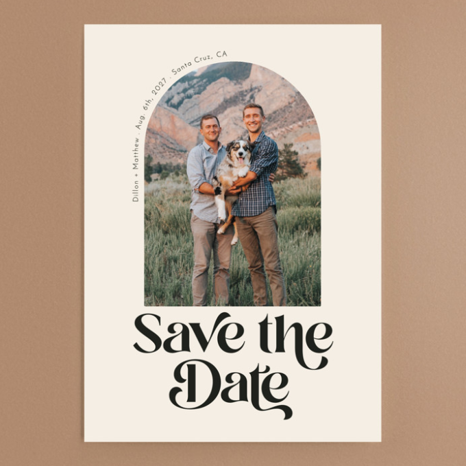 couple with dog and mountain view save the date