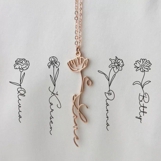 custom script name necklace with birth flower