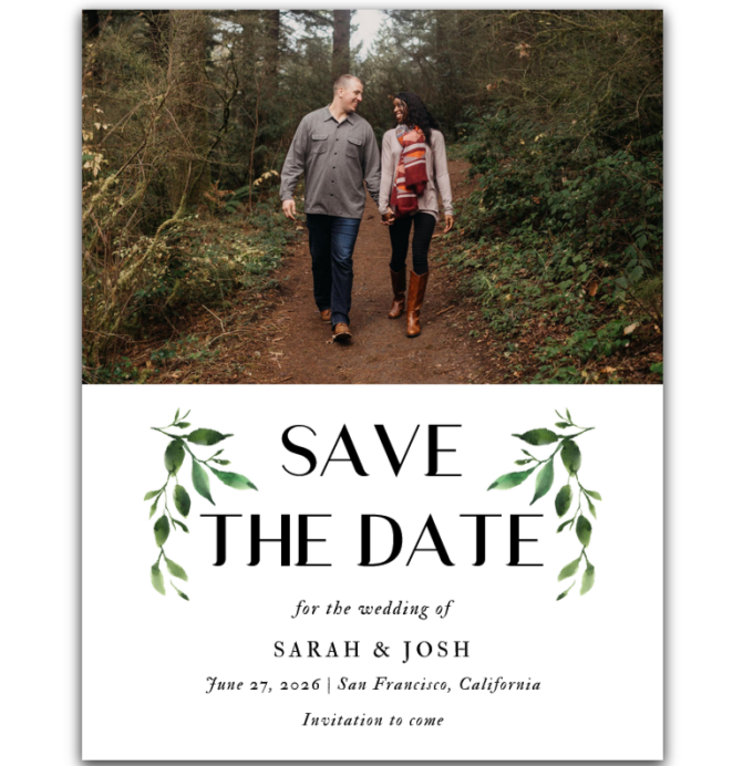 save the date card digital email couple walking in woods