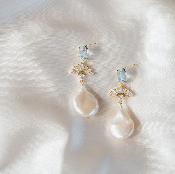 flat pearl earrings with art deco accents and something blue