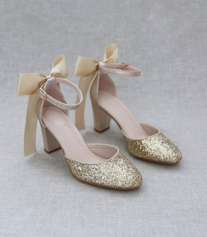 gold glitter rounded toe pumps for winter wedding guest shoes