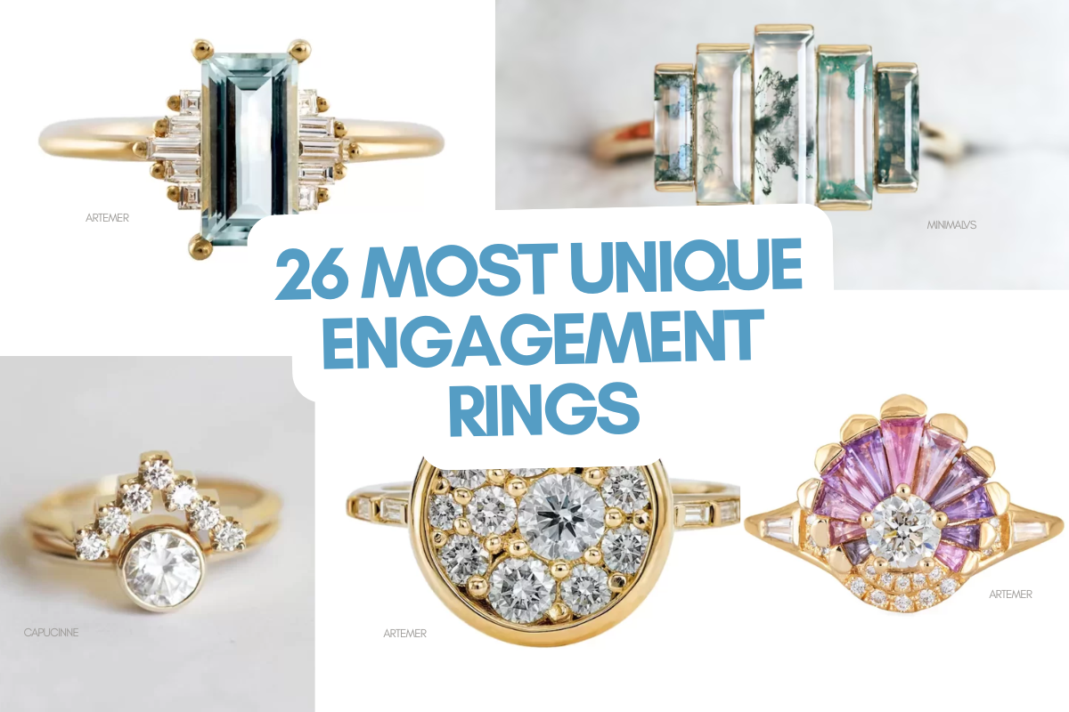 Unique engagement rings featuring colorful gemstones, unusual diamond cuts, and vintage-inspired settings