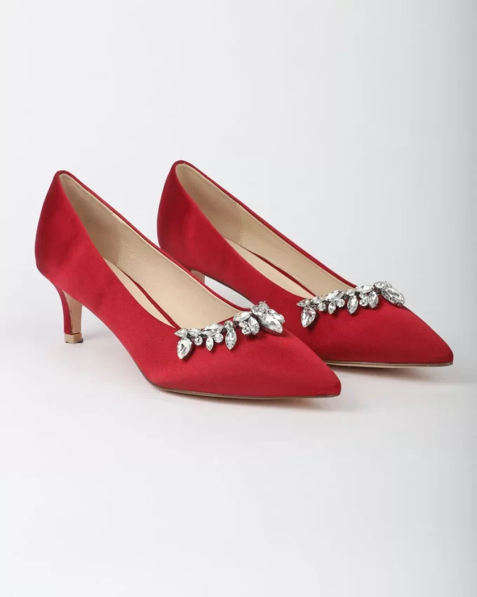 red kitten heel pumps closed toe with rhinestones