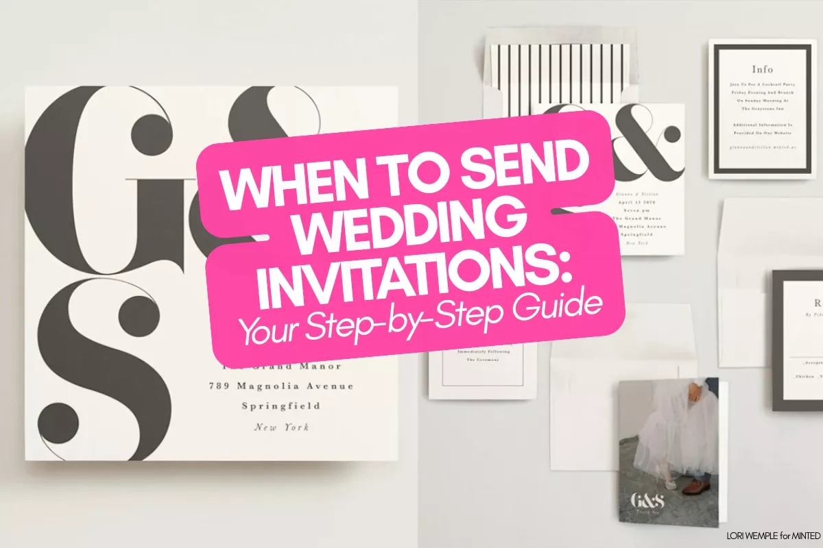 Flat lay of wedding invitations, envelopes, and a calendar showing the best timeline for sending invites